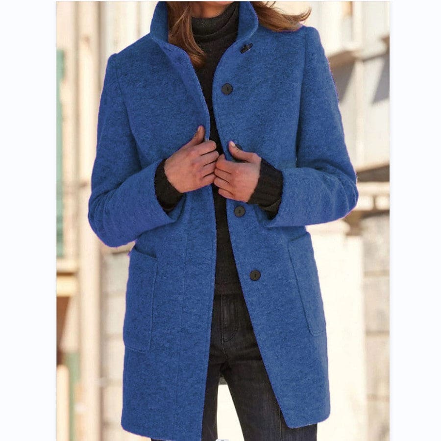 Fashion Stand Collar Woolen Coat with Pockets – Casual Button Outwear for Women - Sky Blue / 2XL