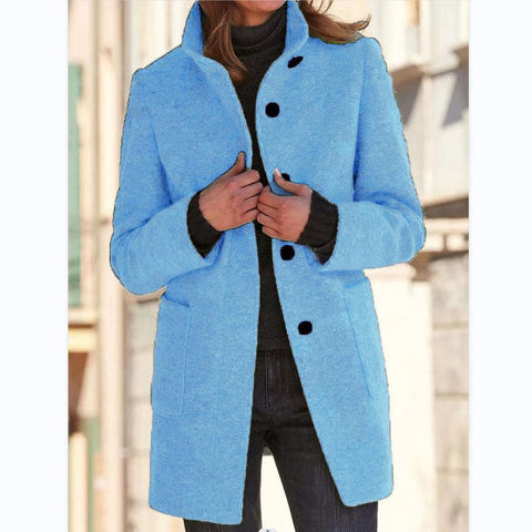 Fashion Stand Collar Woolen Coat with Pockets – Casual Button Outwear for Women - Light Blue / 2XL