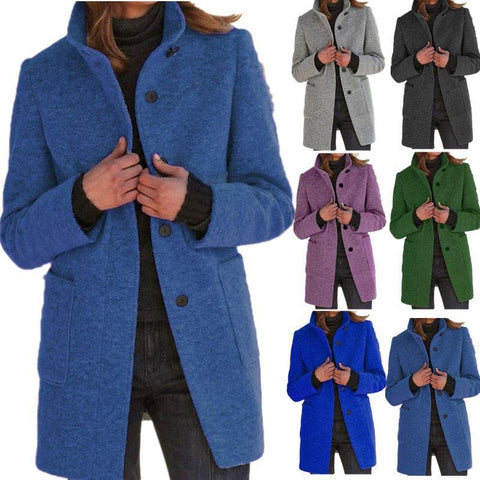 Fashion Stand Collar Woolen Coat with Pockets – Casual Button Outwear for Women