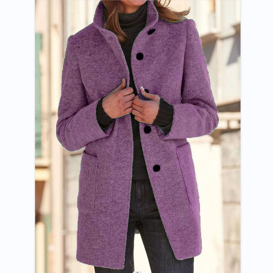 Fashion Stand Collar Woolen Coat with Pockets – Casual Button Outwear for Women - Light Purple / 2XL