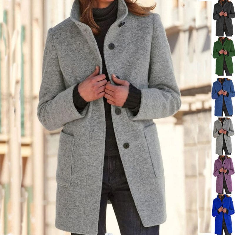 Fashion Stand Collar Woolen Coat with Pockets – Casual Button Outwear for Women