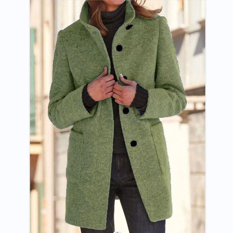 Fashion Stand Collar Woolen Coat with Pockets – Casual Button Outwear for Women - Bean Green / 2XL