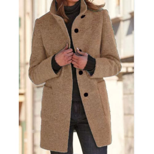 Fashion Stand Collar Woolen Coat with Pockets – Casual Button Outwear for Women - Khaki / 2XL