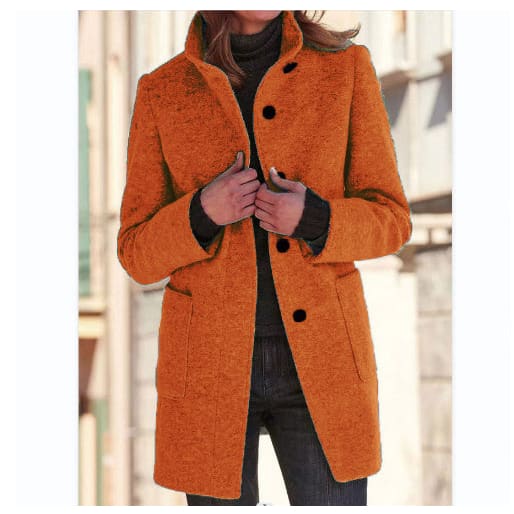 Fashion Stand Collar Woolen Coat with Pockets – Casual Button Outwear for Women - Orange / 2XL