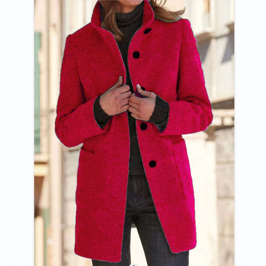 Fashion Stand Collar Woolen Coat with Pockets – Casual Button Outwear for Women - Red / 2XL