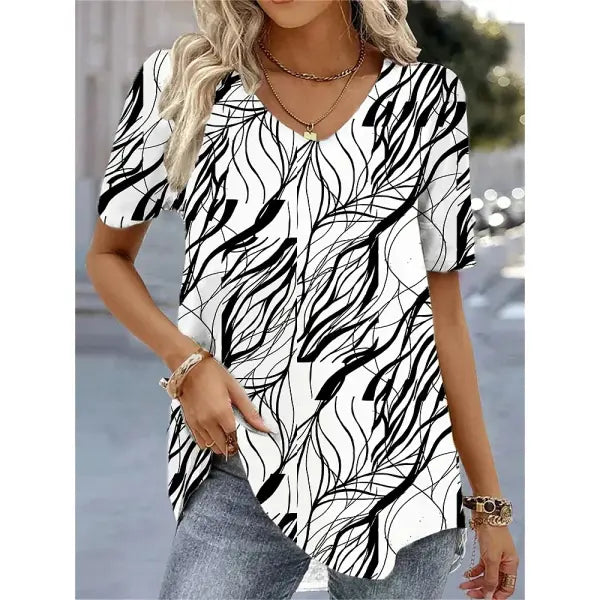 Women’s 3D Flower Print T-Shirt – Kawaii V-Neck Oversized Summer Top White Fashion Tee - AMTLCH1229134916 / 5XL
