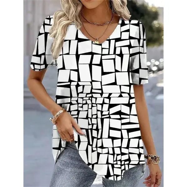 Women’s 3D Flower Print T-Shirt – Kawaii V-Neck Oversized Summer Top White Fashion Tee - AMTLCH122913498 / L