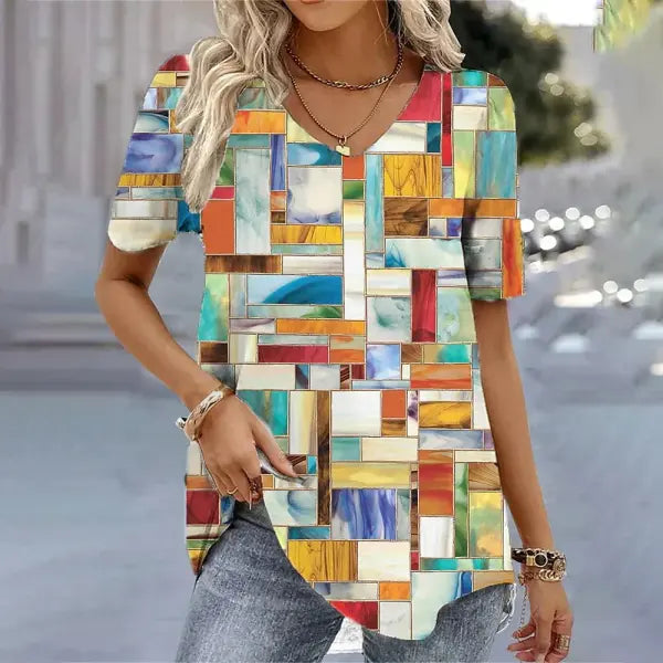 Women’s 3D Flower Print T-Shirt – Kawaii V-Neck Oversized Summer Top White Fashion Tee - AMTLCH1229134931 / L