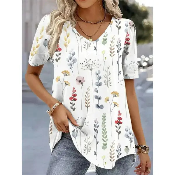 Women’s 3D Flower Print T-Shirt – Kawaii V-Neck Oversized Summer Top White Fashion Tee - AMTLCH1229134925 / L