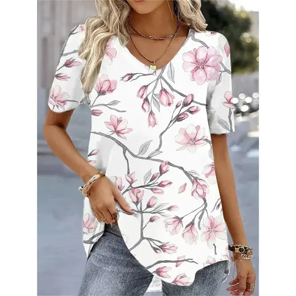 Women’s 3D Flower Print T-Shirt – Kawaii V-Neck Oversized Summer Top White Fashion Tee - AMTLCH1229134915 / L