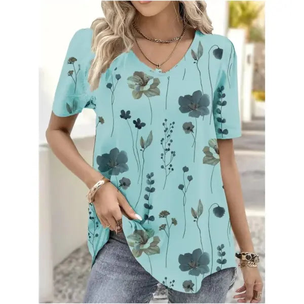 Women’s 3D Flower Print T-Shirt – Kawaii V-Neck Oversized Summer Top White Fashion Tee - AMTLCH1229134924 / L