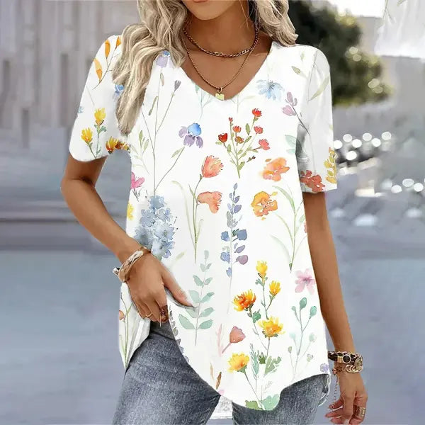 Women’s 3D Flower Print T-Shirt – Kawaii V-Neck Oversized Summer Top White Fashion Tee - AMTLCH1229134930 / 5XL