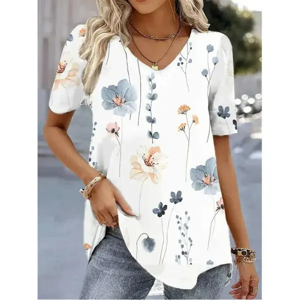 Women’s 3D Flower Print T-Shirt – Kawaii V-Neck Oversized Summer Top White Fashion Tee - AMTLCH1229134928 / L