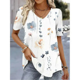 Women’s 3D Flower Print T-Shirt – Kawaii V-Neck Oversized Summer Top White Fashion Tee - AMTLCH1229134928 / L