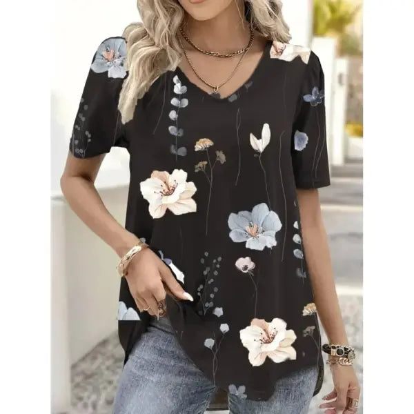 Women’s 3D Flower Print T-Shirt – Kawaii V-Neck Oversized Summer Top White Fashion Tee - AMTLCH1229134922 / L