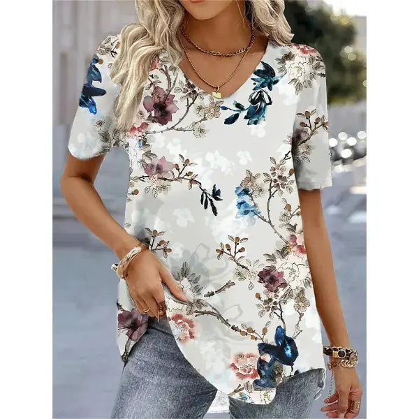 Women’s 3D Flower Print T-Shirt – Kawaii V-Neck Oversized Summer Top White Fashion Tee - AMTLCH1229134917 / 5XL