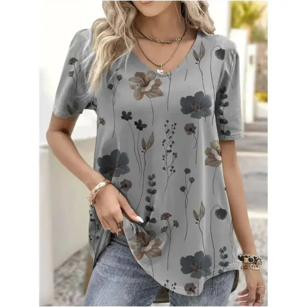 Women’s 3D Flower Print T-Shirt – Kawaii V-Neck Oversized Summer Top White Fashion Tee - AMTLCH1229134921 / L