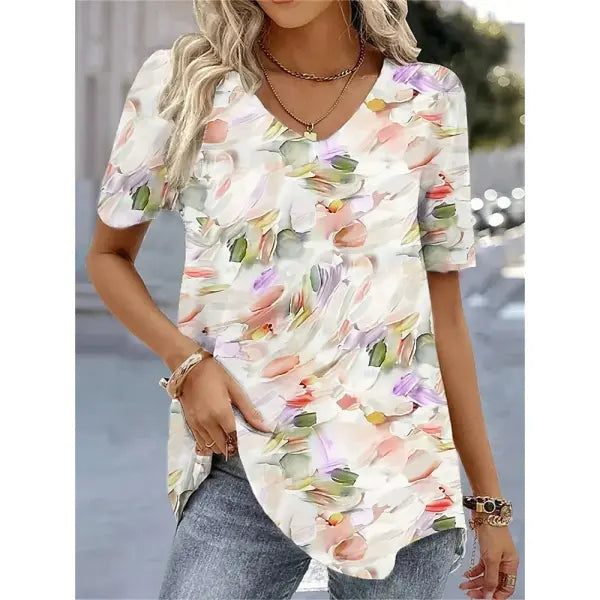 Women’s 3D Flower Print T-Shirt – Kawaii V-Neck Oversized Summer Top White Fashion Tee - AMTLCH122913496 / 5XL