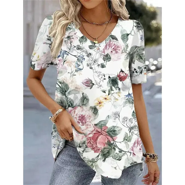 Women’s 3D Flower Print T-Shirt – Kawaii V-Neck Oversized Summer Top White Fashion Tee - AMTLCH122913499 / 5XL