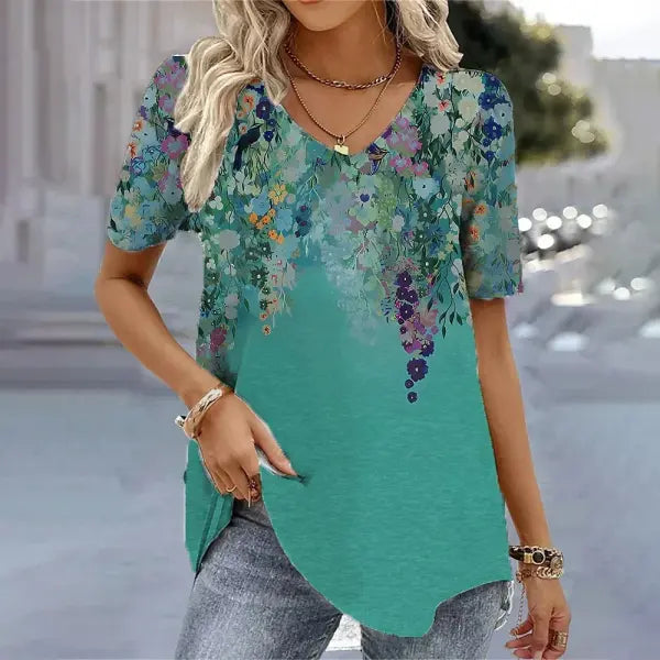 Women’s 3D Flower Print T-Shirt – Kawaii V-Neck Oversized Summer Top White Fashion Tee - AMTLCH1229134919 / L