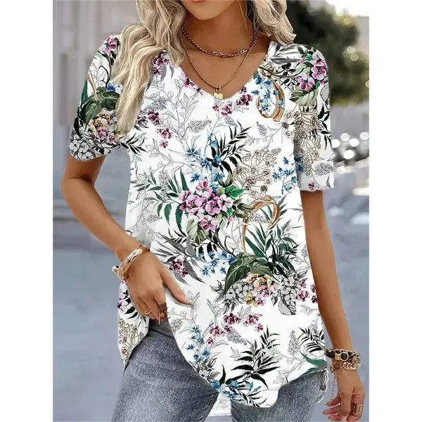 Women’s 3D Flower Print T-Shirt – Kawaii V-Neck Oversized Summer Top White Fashion Tee - AMTLCH1229134910 / L