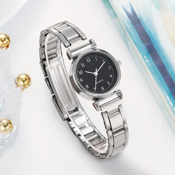 Fashion Women Watches Small Arabic Dial Steel Band Quartz Watch - Silver Black
