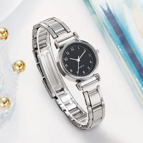 Fashion Women Watches Small Arabic Dial Steel Band Quartz Watch - Silver Black