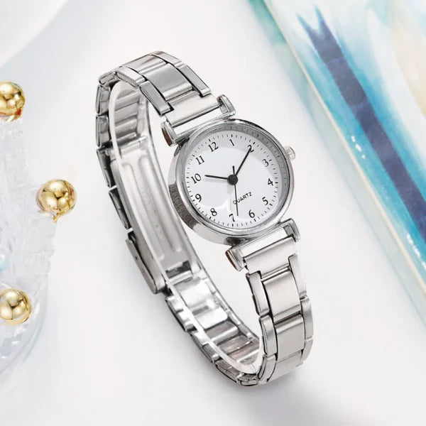 Fashion Women Watches Small Arabic Dial Steel Band Quartz Watch - Silver White