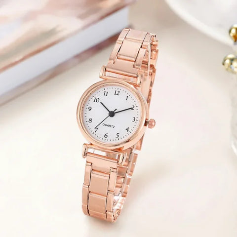 Fashion Women Watches Small Arabic Dial Steel Band Quartz Watch - Rose Gold White