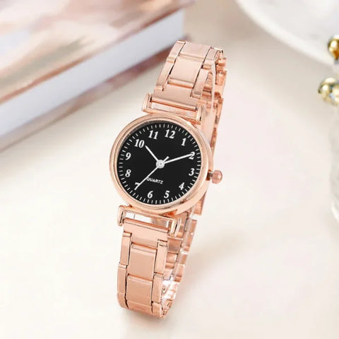 Fashion Women Watches Small Arabic Dial Steel Band Quartz Watch - Rose Gold Black