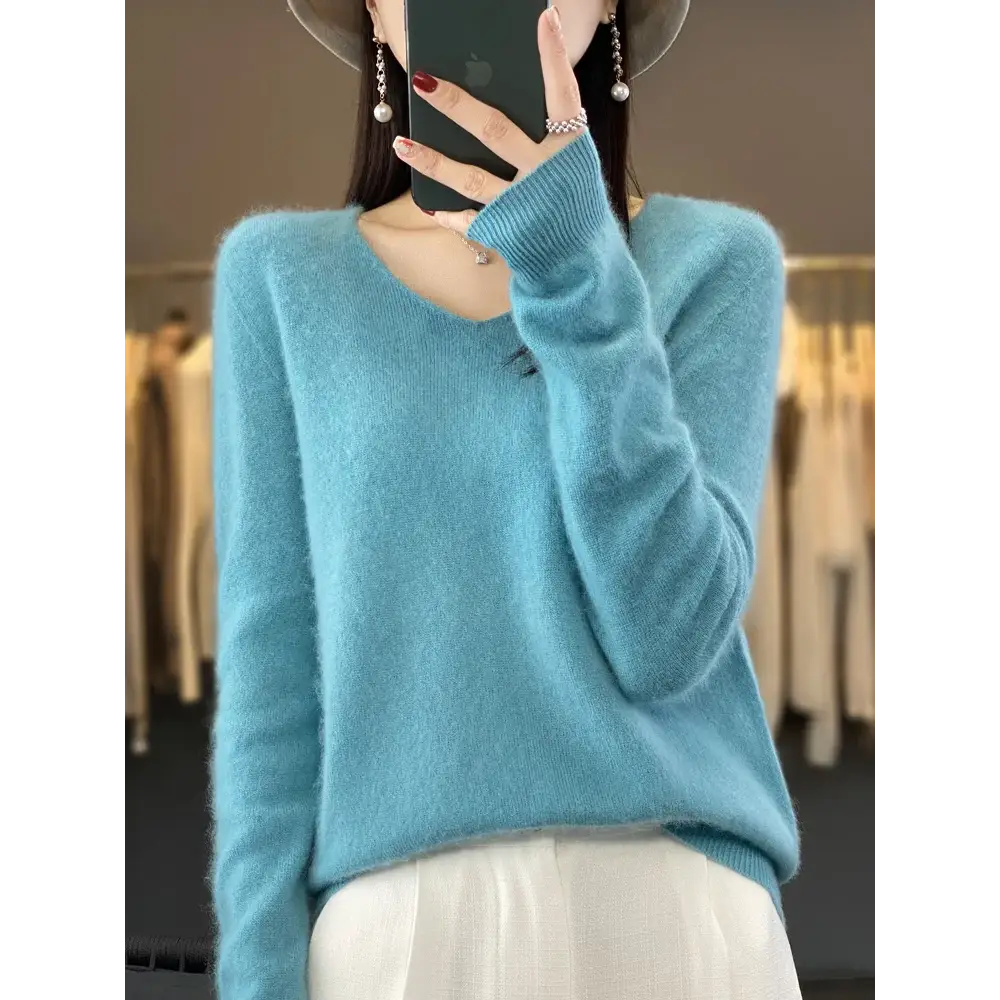 Fashion100% Merino Wool Sweater Cashmere Pullover Women Knitwear V-Neck Long Sleeve Autumn Winter Fashion Basic