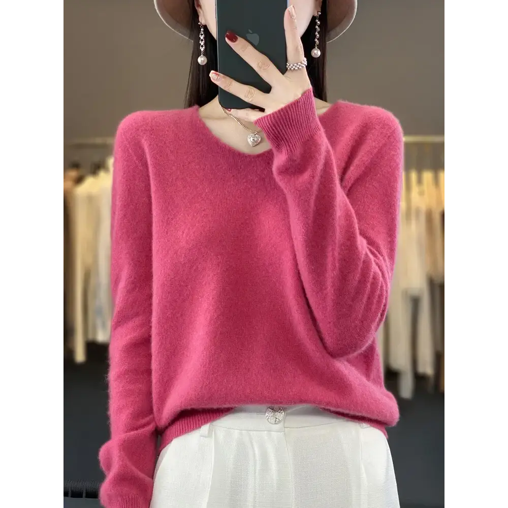 Fashion100% Merino Wool Sweater Cashmere Pullover Women Knitwear V-Neck Long Sleeve Autumn Winter Fashion Basic