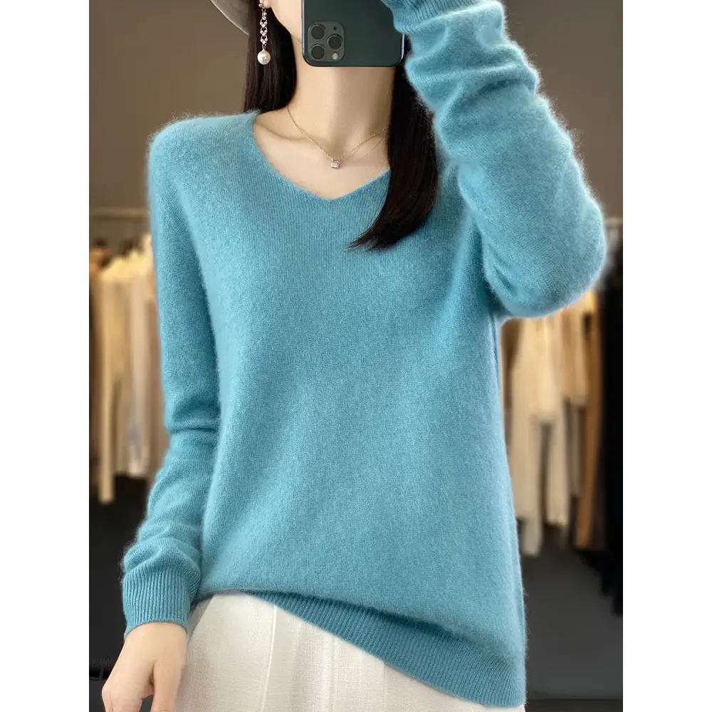 Fashion100% Merino Wool Sweater Cashmere Pullover Women Knitwear V-Neck Long Sleeve Autumn Winter Fashion Basic