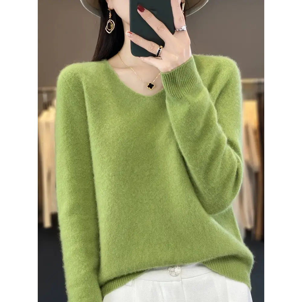Fashion100% Merino Wool Sweater Cashmere Pullover Women Knitwear V-Neck Long Sleeve Autumn Winter Fashion Basic