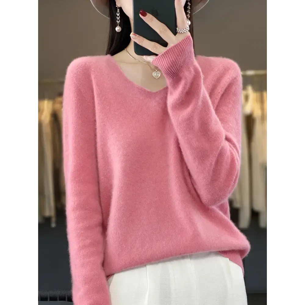 Fashion100% Merino Wool Sweater Cashmere Pullover Women Knitwear V-Neck Long Sleeve Autumn Winter Fashion Basic