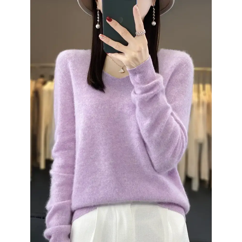 Fashion100% Merino Wool Sweater Cashmere Pullover Women Knitwear V-Neck Long Sleeve Autumn Winter Fashion Basic