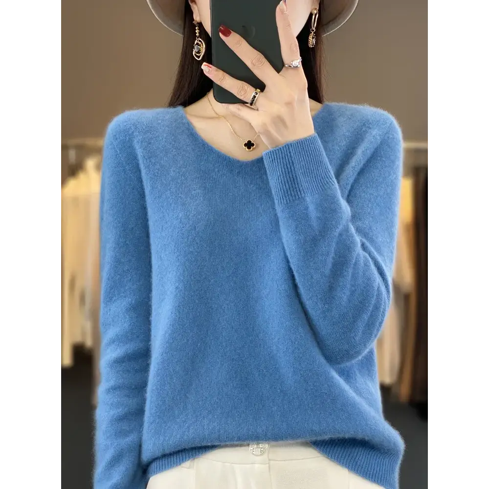 Fashion100% Merino Wool Sweater Cashmere Pullover Women Knitwear V-Neck Long Sleeve Autumn Winter Fashion Basic