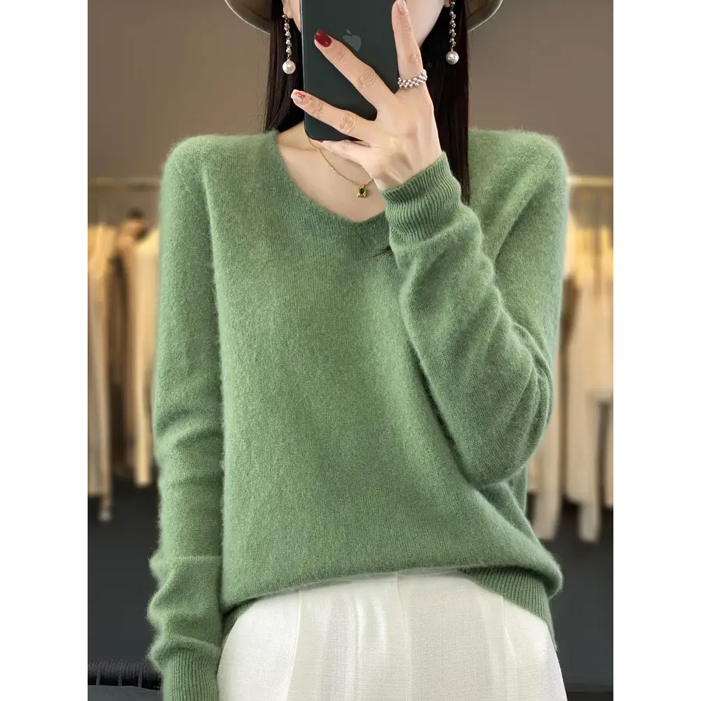 Fashion100% Merino Wool Sweater Cashmere Pullover Women Knitwear V-Neck Long Sleeve Autumn Winter Fashion Basic