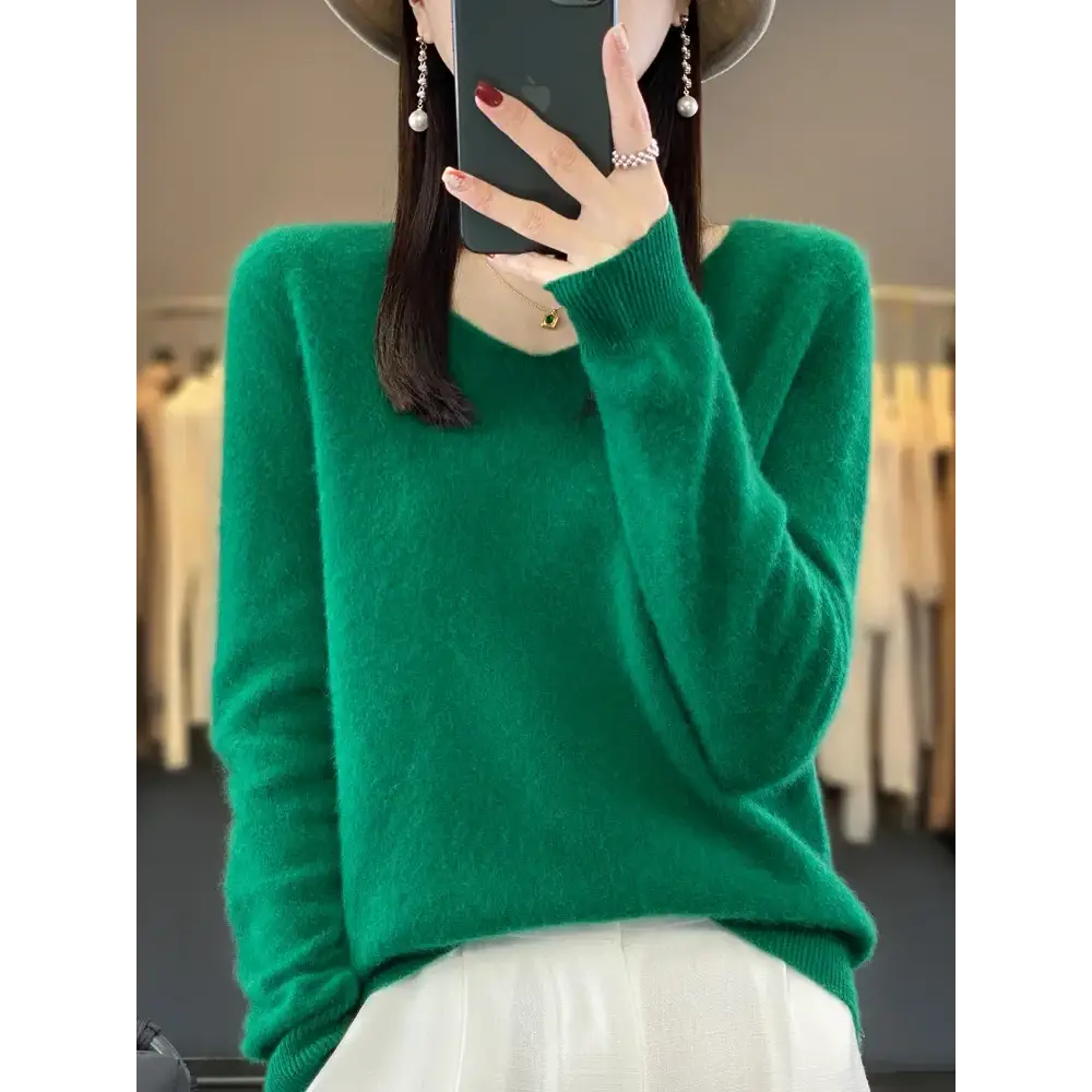 Fashion100% Merino Wool Sweater Cashmere Pullover Women Knitwear V-Neck Long Sleeve Autumn Winter Fashion Basic