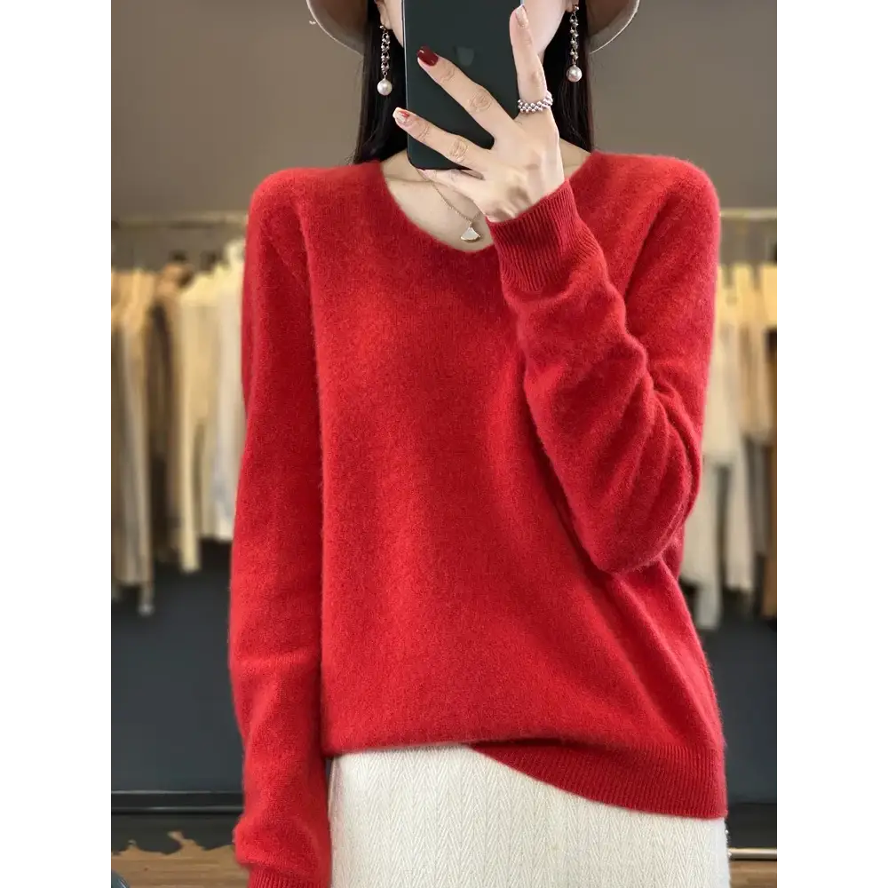 Fashion100% Merino Wool Sweater Cashmere Pullover Women Knitwear V-Neck Long Sleeve Autumn Winter Fashion Basic