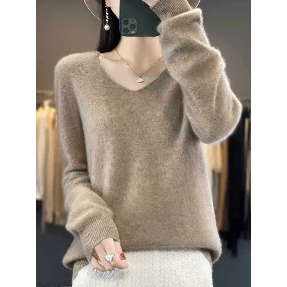 Fashion100% Merino Wool Sweater Cashmere Pullover Women Knitwear V-Neck Long Sleeve Autumn Winter Fashion Basic