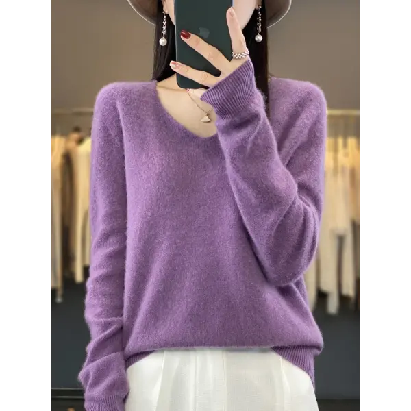 Women’s V-Neck Merino Wool Sweater – Long Sleeve Autumn Winter Knitwear Pullover - Violet / XXL