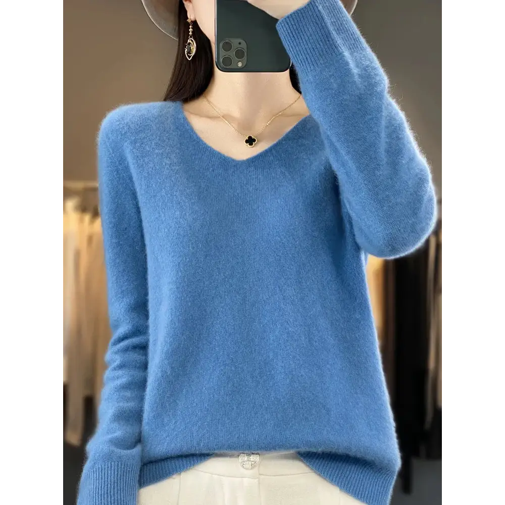 Fashion100% Merino Wool Sweater Cashmere Pullover Women Knitwear V-Neck Long Sleeve Autumn Winter Fashion Basic