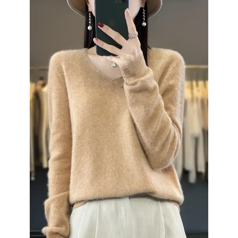 Fashion100% Merino Wool Sweater Cashmere Pullover Women Knitwear V-Neck Long Sleeve Autumn Winter Fashion Basic
