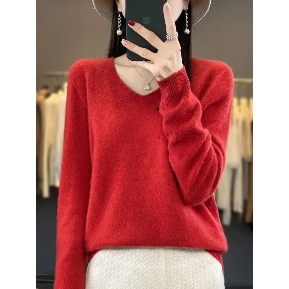 Fashion100% Merino Wool Sweater Cashmere Pullover Women Knitwear V-Neck Long Sleeve Autumn Winter Fashion Basic