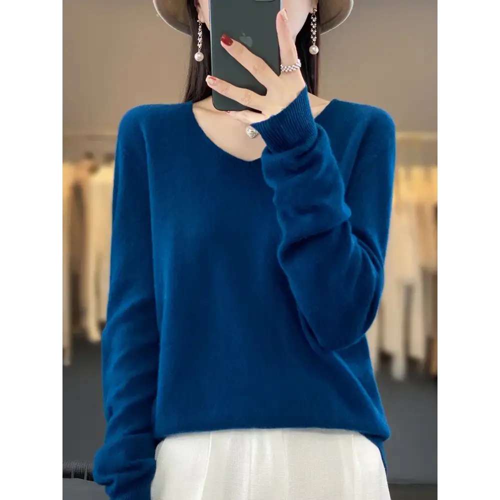 Fashion100% Merino Wool Sweater Cashmere Pullover Women Knitwear V-Neck Long Sleeve Autumn Winter Fashion Basic