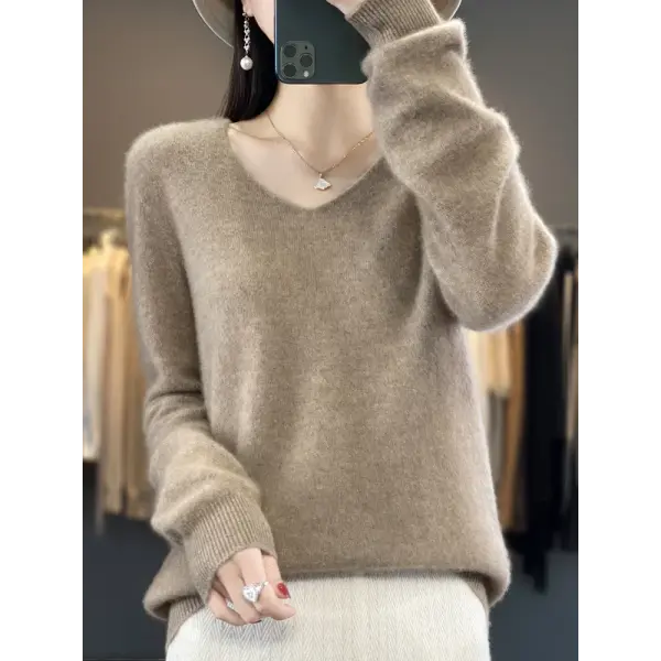 Women’s V-Neck Merino Wool Sweater – Long Sleeve Autumn Winter Knitwear Pullover - camel / L