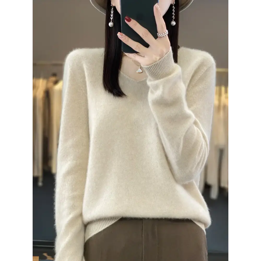 Fashion100% Merino Wool Sweater Cashmere Pullover Women Knitwear V-Neck Long Sleeve Autumn Winter Fashion Basic