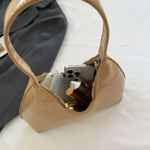 Fashionable Shoulder Bag for Women – Designer Solid Color Patent Leather Crescent Tote - Himpall