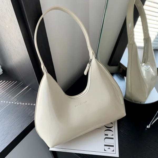 Fashionable Shoulder Bag for Women – Designer Solid Color Patent Leather Crescent Tote - Himpall